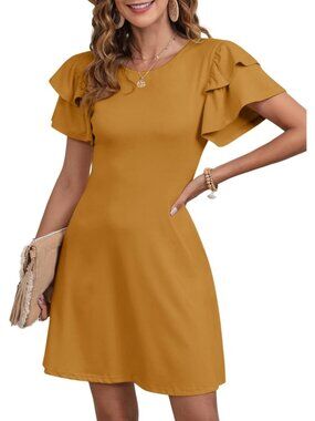 Dokotoo Women's Jurassic Gold Ruffle Edge Sleeve Casual Beach Mini Floral Dress